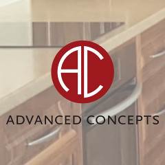 Advanced Concepts logo superimposed on laminated benchtop installation